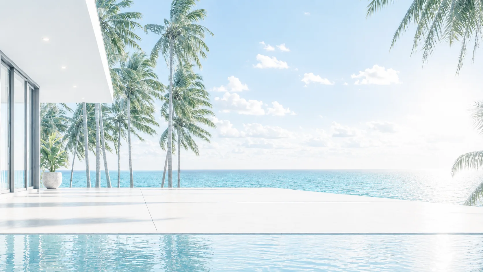 Bright Florida coastal waterfront residence with palm trees and infinity pool