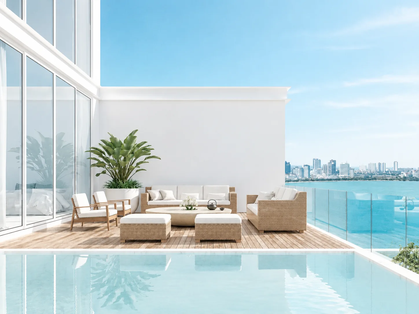 Bright coastal terrace overlooking the bay